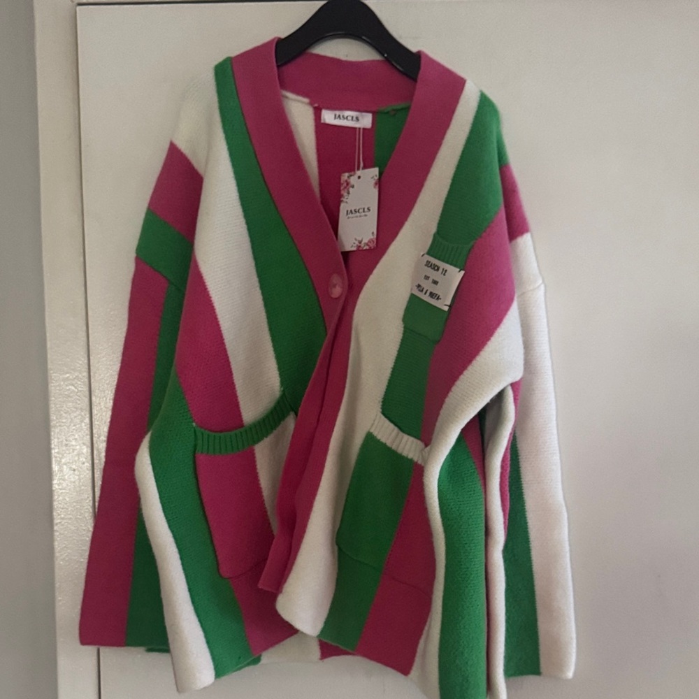 Jascls Women's Pink and Green Striped Cardigan